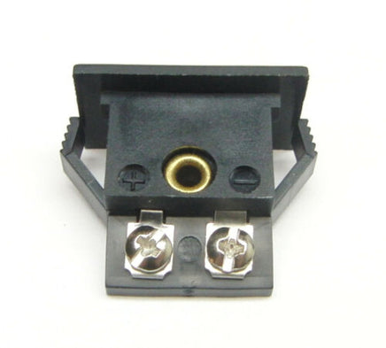 This is a mini panel jack connector in a J type configuration.  Snaps into a rectangular opening.